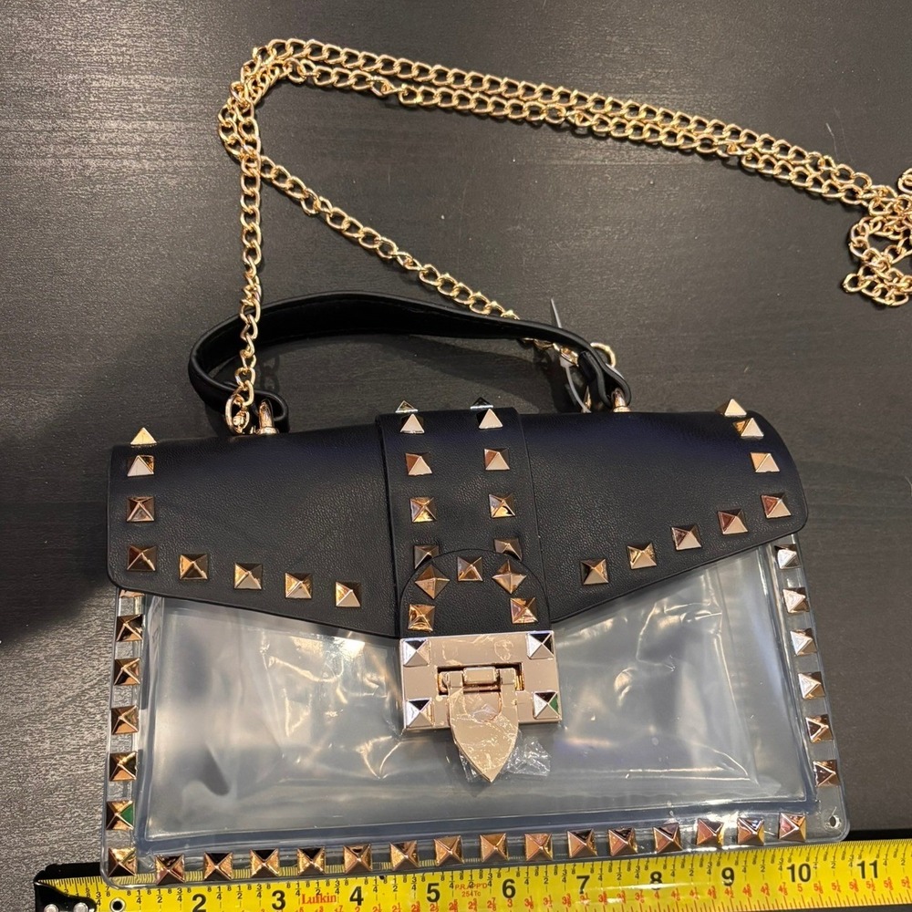 Clear PVC Pyramid Stud Crossbody Bag Black Gold Stadium Approved Handbag New - Picture 2 of 3